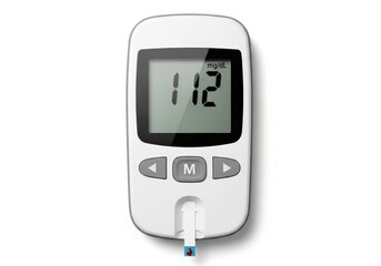 Digital blood glucose meter displays a numerical measurement on its screen with a test strip inserted