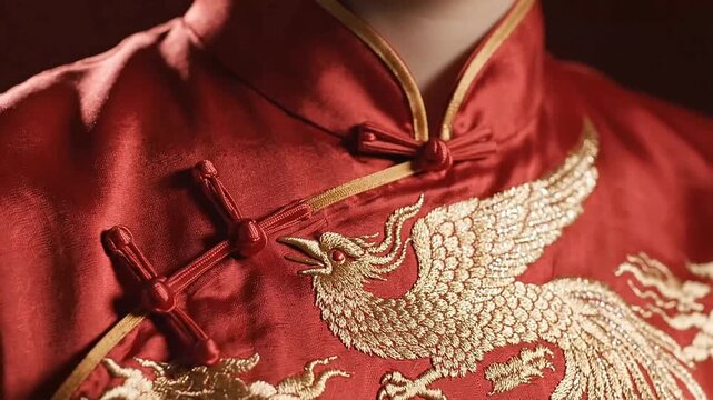Extreme macro of golden phoenix embroidery on imperial red silk Tang suit. Hyper-realistic fabric macro featuring detailed thread texture and subtle breathing motion 4K