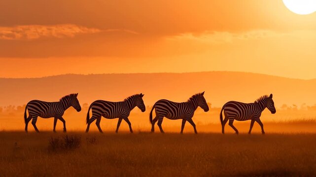 夕焼けの草原を進むシマウマの列、野生のリズム