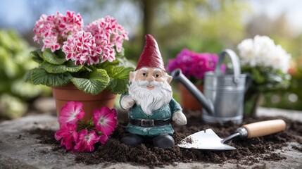Garden gnome colorful flowers with gardening tools