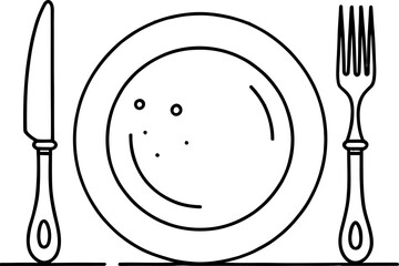 Artistic Outline Drawing of a Meal Place Setting with a Circular Plate, Fork, and Knife, Perfect for Culinary-Themed Graphics and Icons