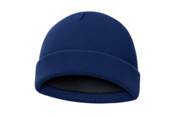 Blue knit beanie cap, a warm winter clothing accessory, ribbed dark navy wool hat on transparent background