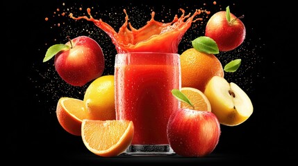 Vibrant juice splash with assorted fruits on black background