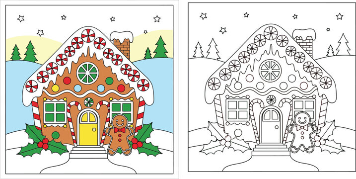 Christmas gingerbread house vector illustration coloring page for kids with color preview and black and white outline featuring candy decorations and winter landscape
