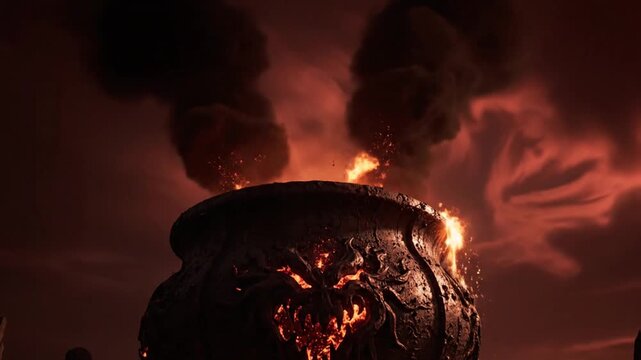 Fiery cauldron animated scene of flames and smoke in a dramatic setting