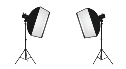 two black studio monolights with huge rectangular softboxes on metallic stands, placed symmetrically on a high-key white background, maximizing centered negative space. concept for high-end