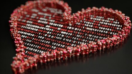 A heart made of binary code on a dark background, symbolizing love and technology