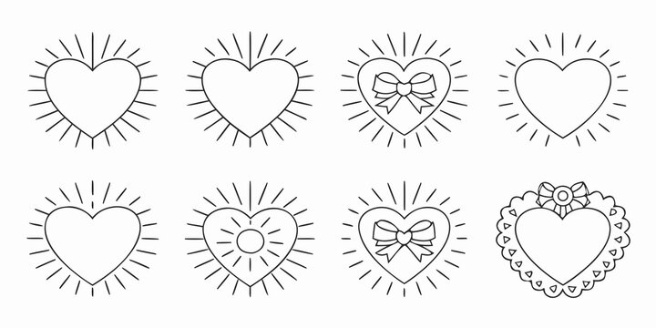 Collection of ornate heart designs with radiating lines and decorative elements