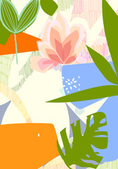 Abstract foliage botanical background. colorful flowers, leaves, branch hand drawing vector illustration for banner, print, textile and decoration.