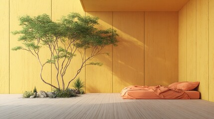 Minimalist interior with a tree and bed in a warm yellow and orange scene