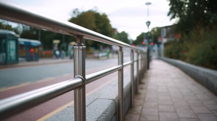 Medium shot of a sturdy hand railing along a public walkway designed to aid individuals with mobility challenges in navigating safely.