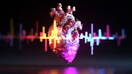 A pixelated heart beats with vibrant colors against a dark background with an ECG rhythm