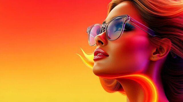 Woman wearing sunglasses with vibrant orange and yellow gradient background
