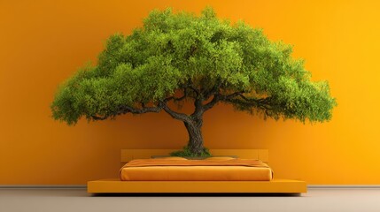 Vibrant bonsai tree on orange podium against solid background for design