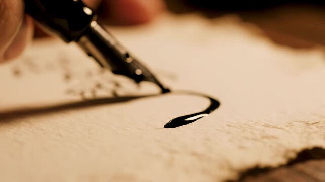 Witness the skillful art of ink calligraphy as a hand elegantly glides a pen across textured handmade paper, crafting beautiful letters. Each stroke reflects passion and creativity.