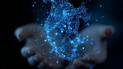 A person's hand cradling a glowing blue digital heart with sparkling particles