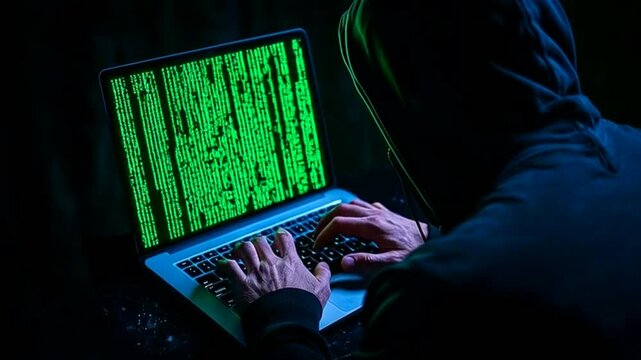 Hacker in hoodie typing on laptop with green code on screen in dark room