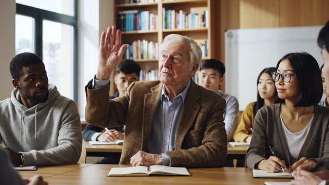 In a vibrant classroom, a wise teacher leads a captivating discussion. Students listen intently, raising hands, eager to share their thoughts and ideas, fostering a rich learning experience.