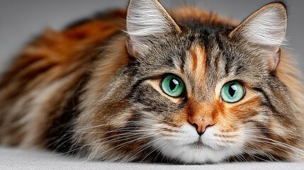 Captivating close-up of a fluffy tabby cat with striking green eyes, showcasing its beautiful fur texture and serene gaze.