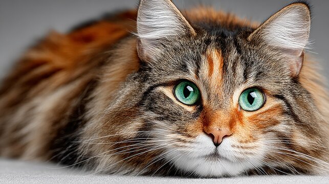 Captivating close-up of a fluffy tabby cat with striking green eyes, showcasing its beautiful fur texture and serene gaze. - Powered by Adobe