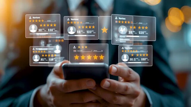 Businessman hands holding smartphone displaying multiple floating holographic rating stars five star reviews customer feedback satisfaction holograms glowing over screen