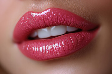 Close-Up of Glossy Pink Lips and Glamorous Makeup on an Attractive Woman's Face
