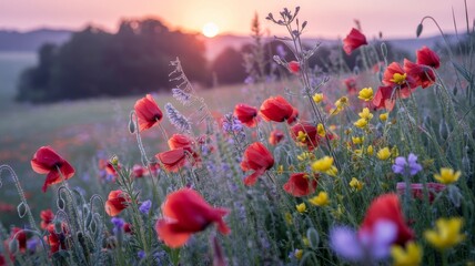 Obraz premium Vibrant wildflowers at sunrise meadow landscape nature photography peaceful environment close-up view floral beauty