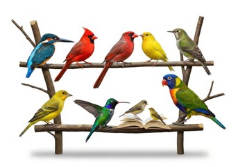 Obraz premium Collection of diverse, vividly colored avian species perched upon a wooden structure against a stark white background
