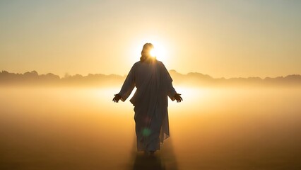 Man walking with arms outstretched in misty landscape at sunrise  