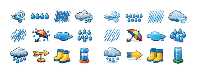 Colorful weather icons collection featuring rainclouds, umbrellas, and sun showers