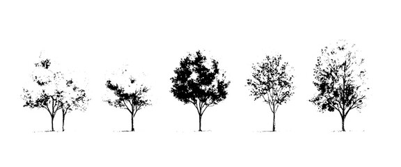 Vector set of hand drawn of silhouettes of trees white background.