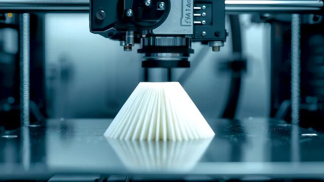 3D printer nozzle extruding white layered cone object filament deposition on metallic build plate in blue-lit additive manufacturing workshop