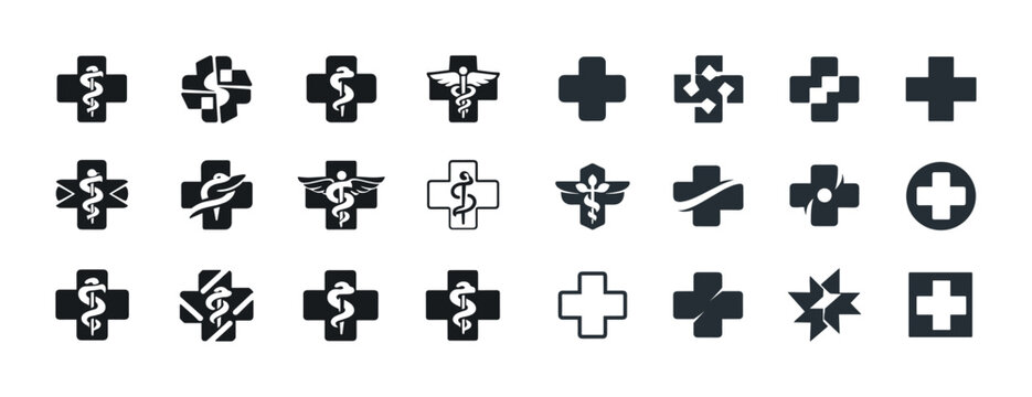 Medical cross icon set with caduceus and snake symbols in various designs