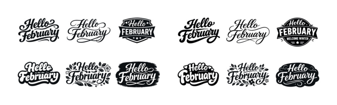 Hello february text designs vintage typography collection black white