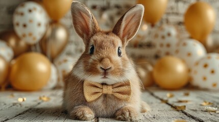 Adorable fluffy bunny wearing a festive bow tie surrounded by golden and white balloons, perfect for celebrations and Easter themes