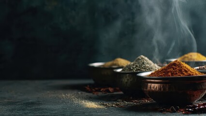 Steaming bowls of Indian spices on dark background