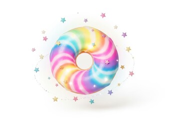 Confectionery item featuring vibrant rainbow stripes and decorative twinkling stars floats in the bright void