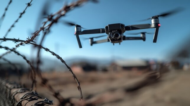 Medium shot capturing a drone capturing highresolution aerial footage over a rugged border area emphasizing precision mapping and techaided security measures.