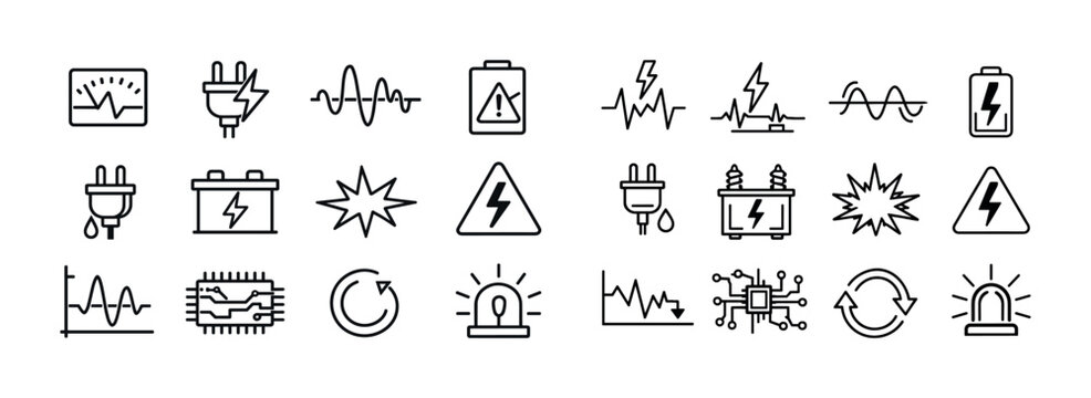 Electricity symbols and icons set in black and white line style