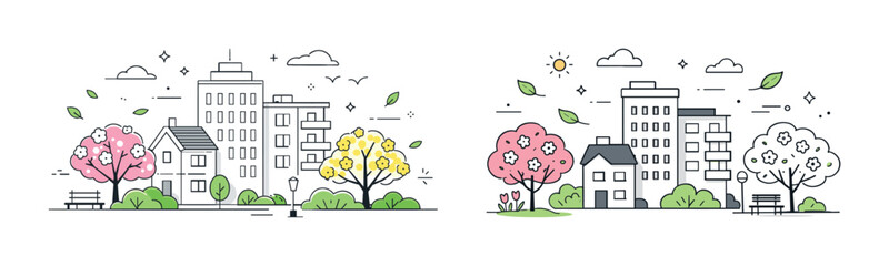 Illustrative spring urban landscape with blossom trees and modern buildings
