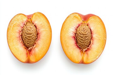 Two fresh peach halves with pits isolated on white background, juicy summer fruit macro