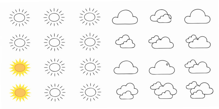 Collection of simple weather icons suns clouds and various sunny styles