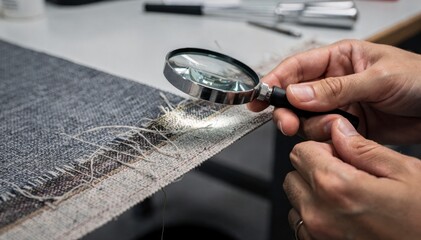 Closeup of worker using a magnifier to scrutinize selvedge edges of narrow fabric ensuring quality by identifying subtle defects in a controlled setting.