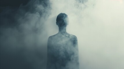 Faceless silhouette standing in thick mist, muted colors, soft light, emotional confusion and stress concept.