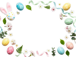 Obraz premium Beautiful easter egg frame with bunny and flowers isolated on transparent background