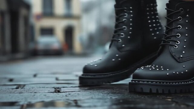 Close-up of stylish black studded combat boots with lug soles on a wet urban street
