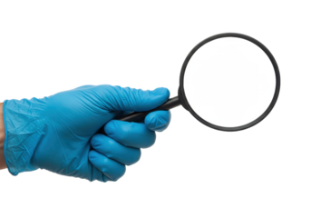 A male hand in a blue medical nitrile glove holds a modern magnifying glass on a transparent background. Concept of precision and scientific research