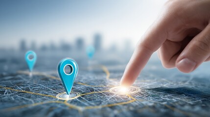 A hand interacting with a digital map featuring glowing location markers