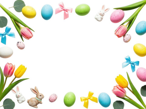 Beautiful easter frame with tulips and easter eggs isolated on transparent background