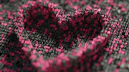 A digital illustration of a padlock made of pink and white binary code on a dark background